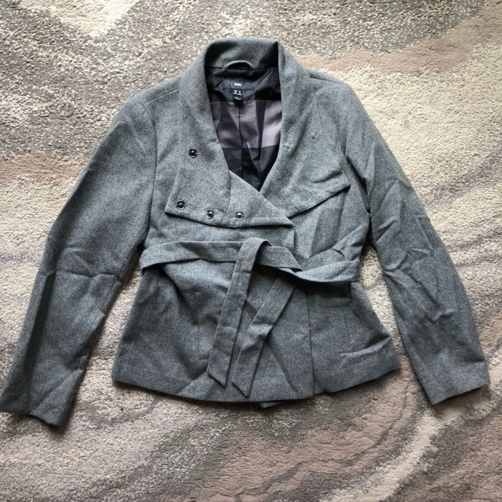 EUC H&M gray funnel neck belted pea coat sash 14